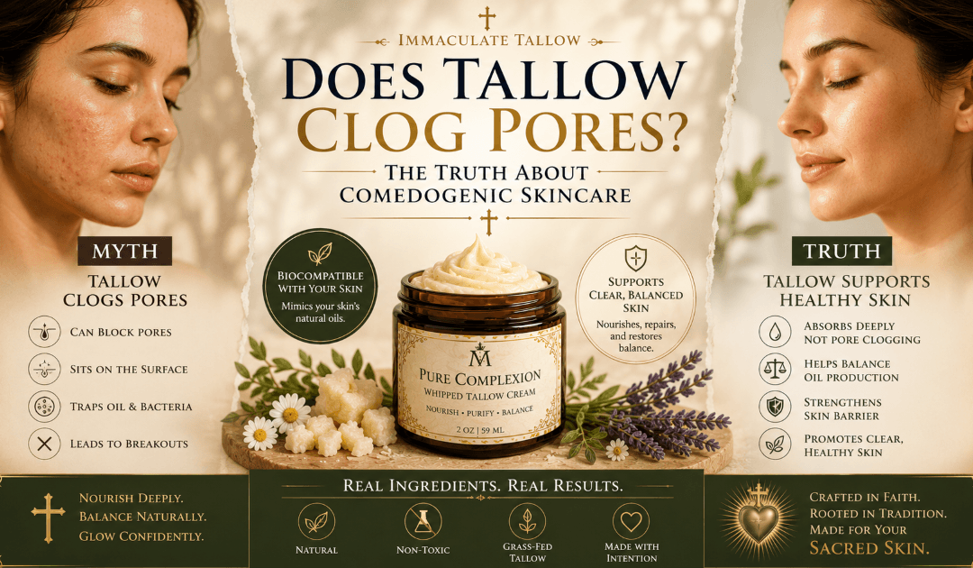 Educational skincare graphic explaining the truth about whether tallow clogs pores, featuring Pure Complexion whipped tallow cream and benefits for clear, balanced skin