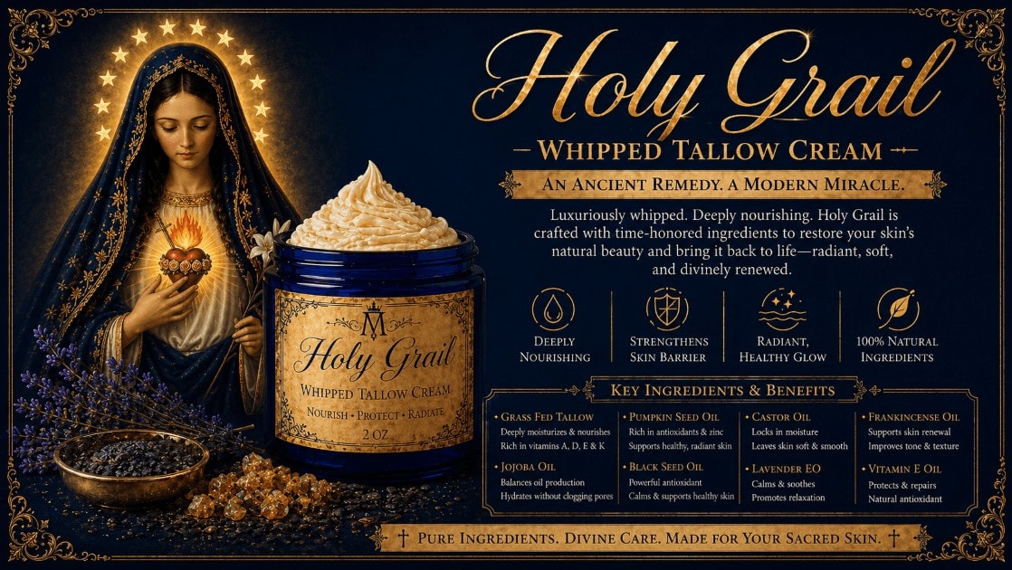 Holy Grail Whipped Tallow Cream product infographic displaying a cobalt blue jar with gold lettering next to a sacred illustration of the Madonna, black seed oil, pumpkin seed oil, jojoba oil, and lavender blossoms