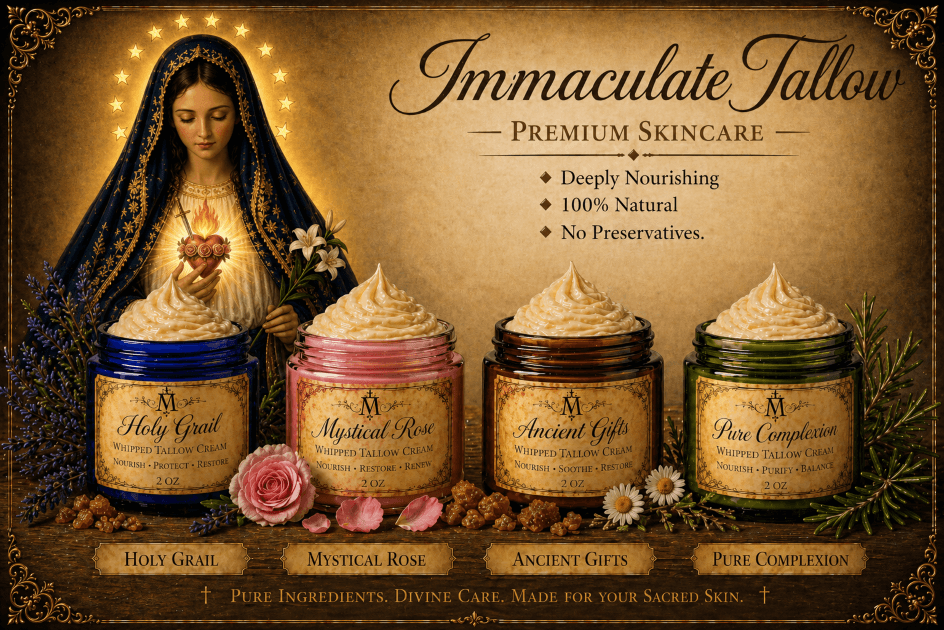 Immaculate Tallow premium skincare collection featuring Holy Grail, Mystical Rose, Ancient Gifts, and Pure Complexion whipped tallow creams with Marian artwork and natural ingredients