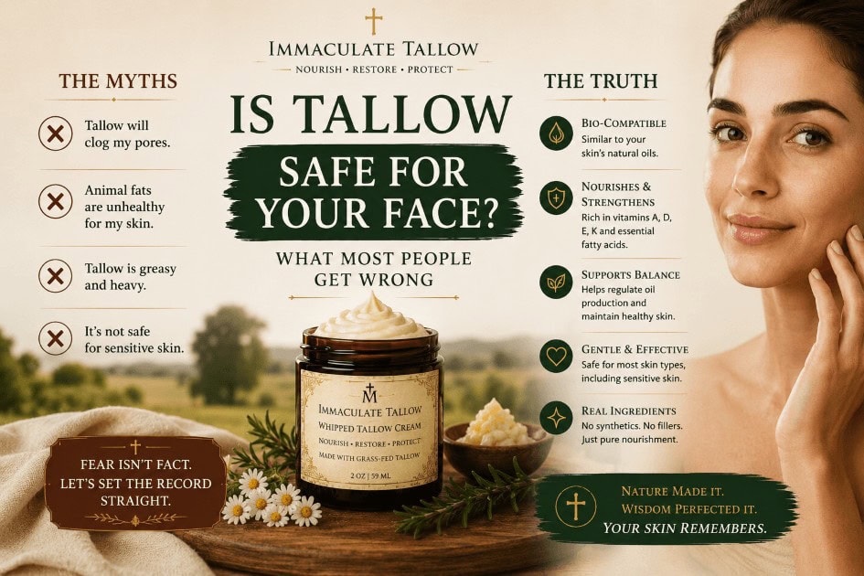 Infographic explaining whether tallow is safe for your face, comparing common skincare myths with the benefits of grass-fed whipped tallow cream for healthy, balanced skin