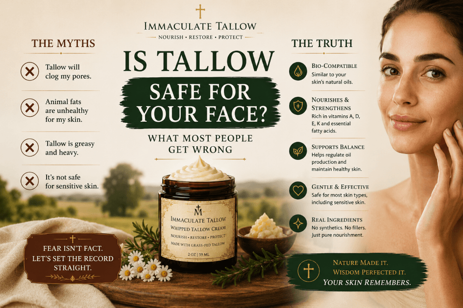 Infographic explaining whether tallow is safe for your face, comparing common skincare myths with the benefits of grass-fed whipped tallow cream for healthy, balanced skin
