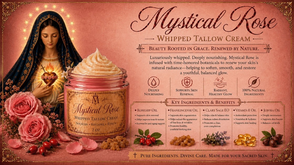 Mystical Rose Whipped Tallow Cream design template showcasing a pink-labeled jar surrounded by fresh roses, rosehips, frankincense tears, clary sage sprigs, and a traditional illustration of the Virgin Mary