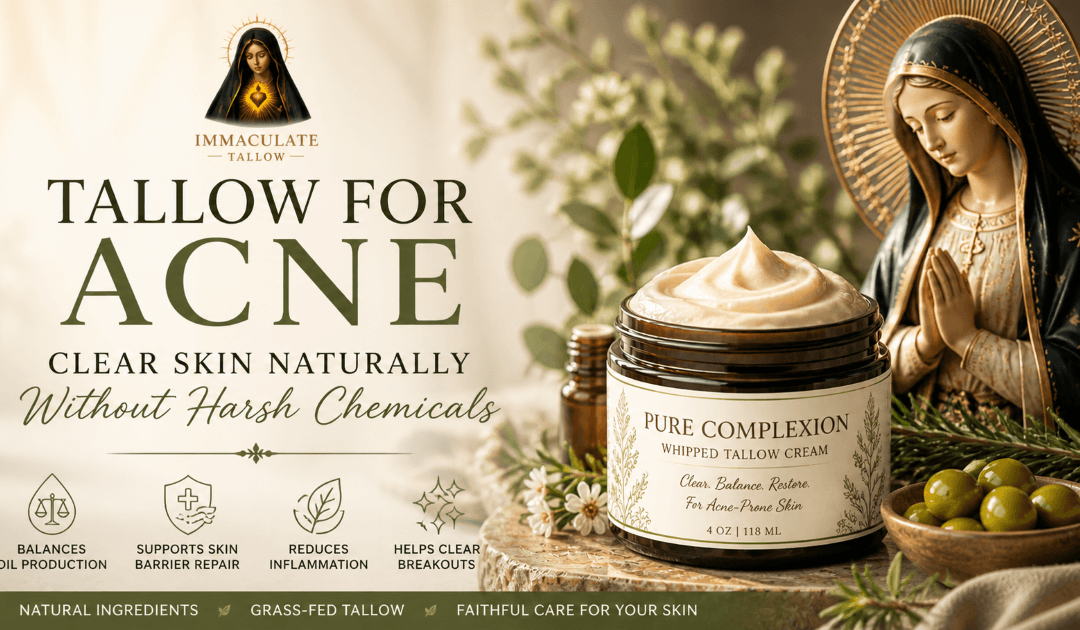 Natural acne skincare infographic featuring Pure Complexion whipped tallow cream and Catholic-inspired imagery, highlighting benefits for balancing oil production, calming inflammation, and supporting clear skin naturally