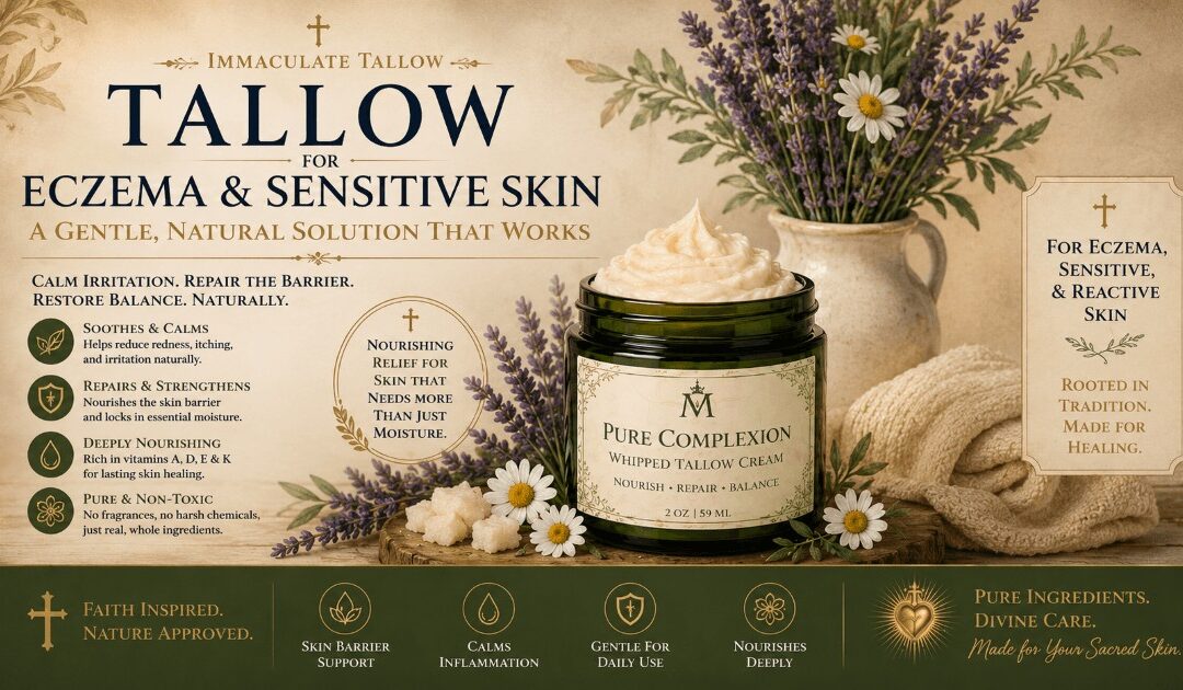 “Immaculate Tallow eczema and sensitive skin whipped tallow cream advertisement featuring a natural skincare jar surrounded by lavender and chamomile flowers with calming botanical imagery and faith-inspired messaging about soothing irritated, reactive skin naturally