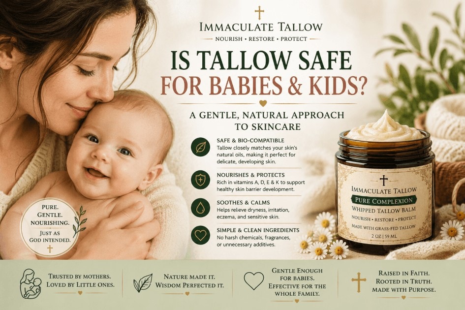 Natural tallow skincare graphic for babies and kids featuring a mother holding her baby alongside Immaculate Tallow balm and gentle skincare benefits infographic