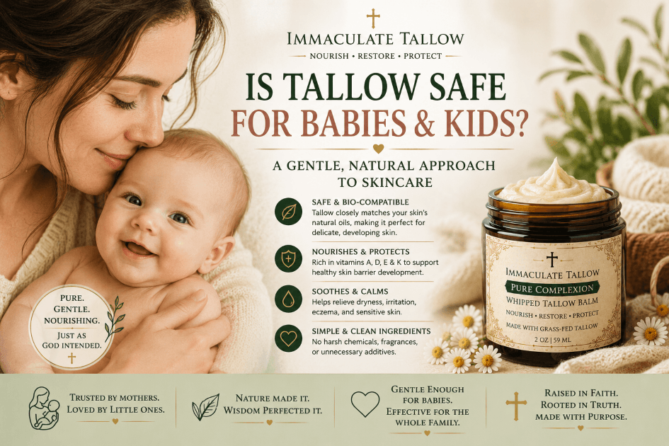 Natural tallow skincare graphic for babies and kids featuring a mother holding her baby alongside Immaculate Tallow balm and gentle skincare benefits infographic