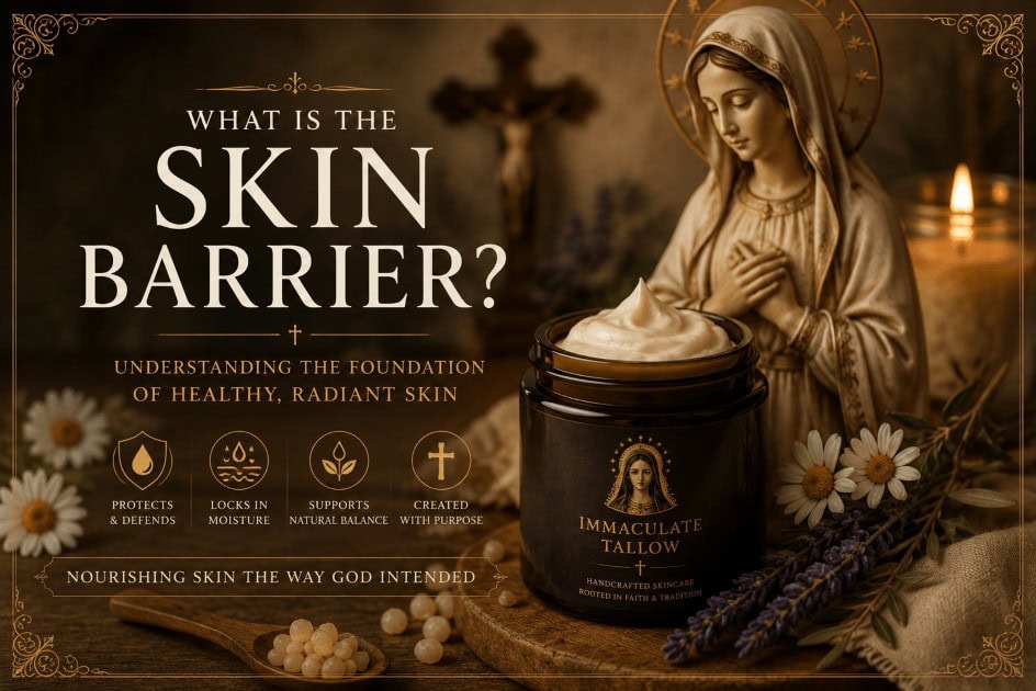 What Is The Skin Barrier educational graphic by Immaculate Tallow, featuring a dark amber jar of whipped cream on a wooden board next to a statue of the Blessed Virgin Mary, a crucifix, a lit candle, and fresh chamomile and lavender