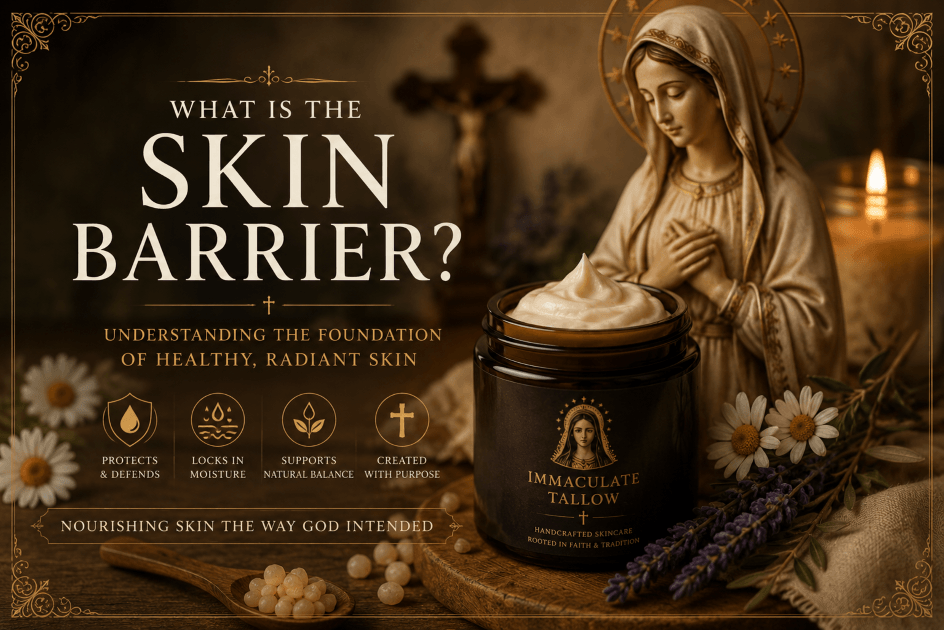 What Is The Skin Barrier educational graphic by Immaculate Tallow, featuring a dark amber jar of whipped cream on a wooden board next to a statue of the Blessed Virgin Mary, a crucifix, a lit candle, and fresh chamomile and lavender