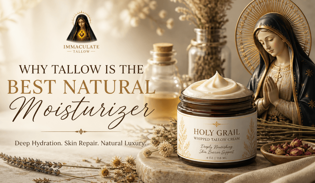 Holy Grail whipped tallow cream with Catholic-inspired Mary artwork and natural skincare ingredients promoting deep hydration and skin repair
