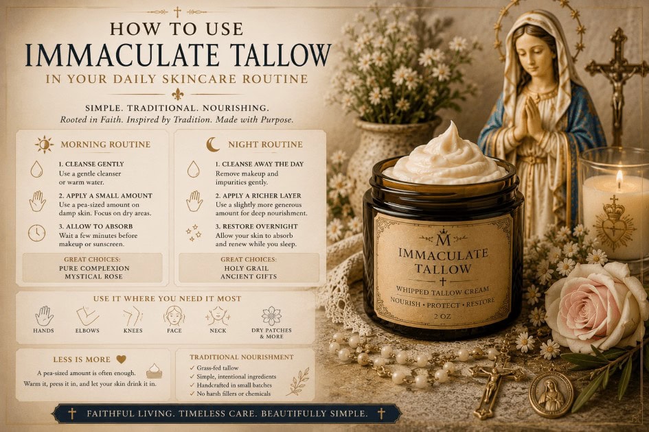 Catholic-inspired Immaculate Tallow skincare routine infographic showing morning and night routines with whipped tallow cream, Mary statue, rosary, and natural skincare guidance
