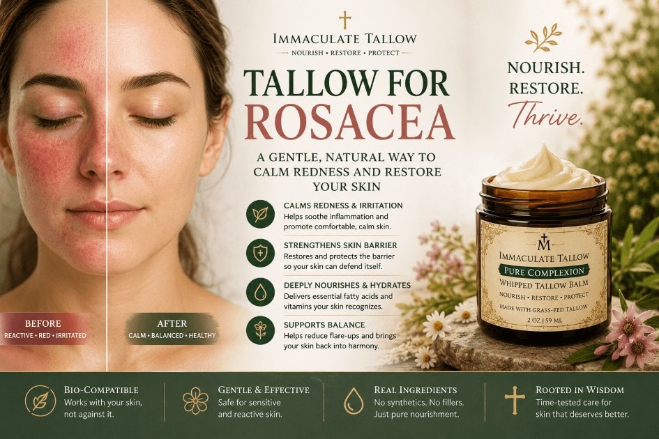 Rosacea skincare infographic showing before and after skin appearance with Immaculate Tallow balm and natural skincare benefits for calming redness and sensitive skin