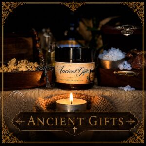 Ancient Gifts whipped tallow cream by Immaculate Tallow presented with frankincense resin, sea salt, natural oils, and rustic wooden elements inspired by ancient skincare traditions.