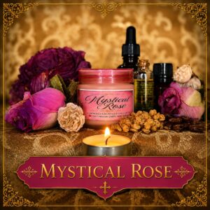 Mystical Rose whipped tallow cream by Immaculate Tallow displayed with rose petals, botanical oils, and natural skincare ingredients in an elegant floral arrangement.