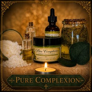 Pure Complexion whipped tallow cream and face serum by Immaculate Tallow displayed with rosemary, botanical oils, sea salt, and natural ingredients for healthy radiant skin.